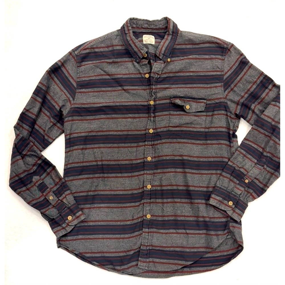 J.Crew Mens Large Cotton Flannel Workshirt‎ Striped Button Down Grey Blue Red